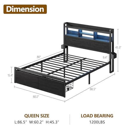 Furnulem Queen Bed Frame with Storage & Lights