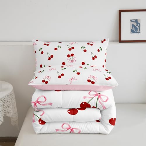 Image of Feelyou Cute Bows Cherry Bedding Set Queen Size Kids Watercolor Bow Comforter Set for Boys Girls Teens Summer Fruit Duvet Quilt Breathable Soft Lightweight Microfiber Bowknot Room Decor
