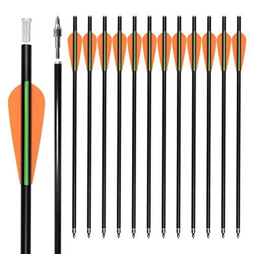 ELONG Fiberglass Crossbow Bolts 14 16Inch Hunting Archery Arrows with 3" Orange Vanes Flat Nock Replaced Arrowhead Tip(Pack of 12)