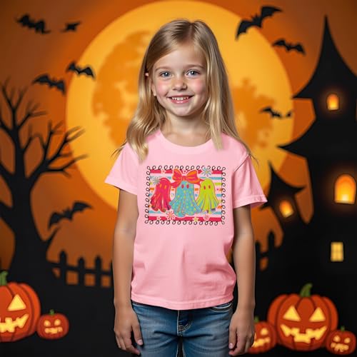 Girls Halloween Shirts Cute Neon Bow Ghost T-Shirt Kid Coquette Boo Tees Spooky Season Outfit Short Sleeve Fall Tops3