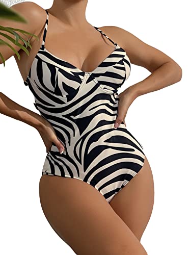 Floerns Women's Floral Print Monokini Swimwear Drawstring One Piece Swimsuit Black Zebra Striped M #TOP10