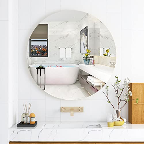 Darenyi 12 Inch Glass Round Mirror, Frameless Wall Mounted Mirror Self Adhesive Circle Mirror, Round Mirror Plate Trays For Home Bathroom Living Room #TOP4