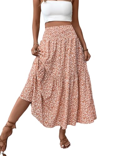 Women's Summer Floral Maxi A-Line Boho Skirt, Summer for Women 2025 Vacation Boho Floral Tiered (0,Orange Flower)