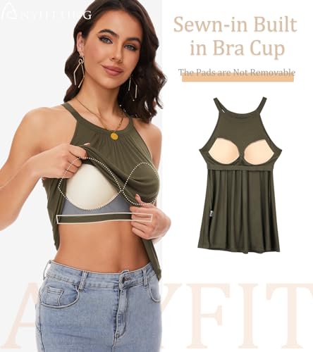 Image of Women Halter Tank Top with Built in Bra Flowy Sleevless Padded Camisole Loose Fit Summer Shirt Top S-3XL