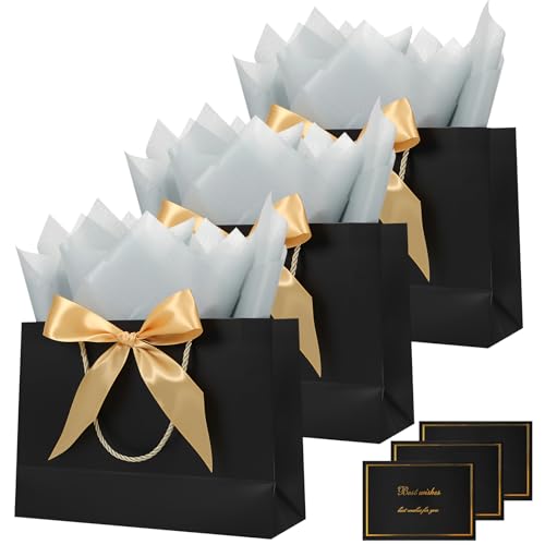 3 Pack Black Gift Bags For Presents Medium Gift Bags With Bow Ribbon Tissue and Card For Birthday Wedding Graduation Party Celebration Present