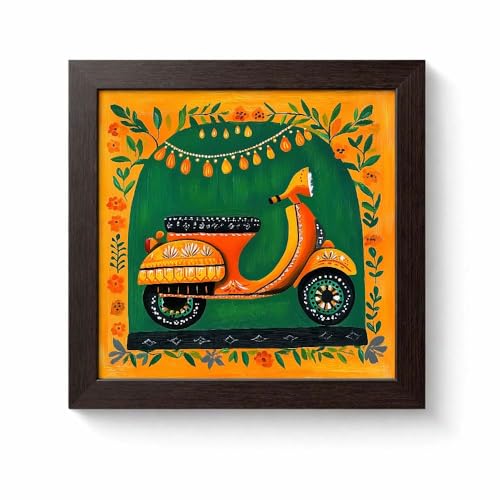 PAPER PAJAMA - Vintage Orange Scooter Folk Art Framed Wall Art Traditional Decorative Vespa Illustration with Floral Border Square Wall Painting for Living Room Bedroom Cafe Decor - 10.5x10.5 Inches