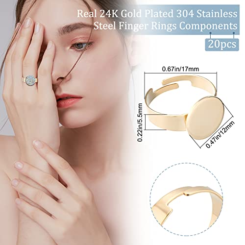 Beebeecraft 20Pcs/Box Adjustable Blank Rings 24K Gold Plated Stainless Steel 12mm Flat Ring Cabochon Base Blank Finger Settings for DIY Jewellery Making Crafts (Gold Color) - Image 2