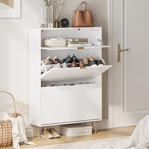 SONGXIN Shoe Cabinet, Shoe Storage Cabinet for Entryway Shoes Organizer Freestanding Organizer with 2 Flip Drawers, 3-tie Narrow Shoe Rack Entryway Cabinet(Vertical White) Cover