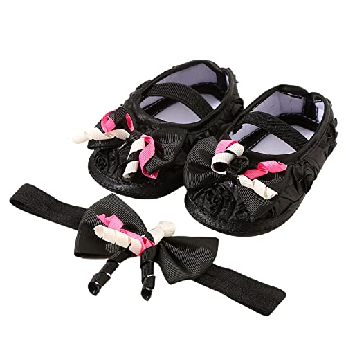 Baby Shoes with Hair Band Fashion Soft Soled Toddler Shoes Versatile Dress Flower Princess Shoes Toddler Shoes Kids Canvas Shoes (Black, 4 Infant)