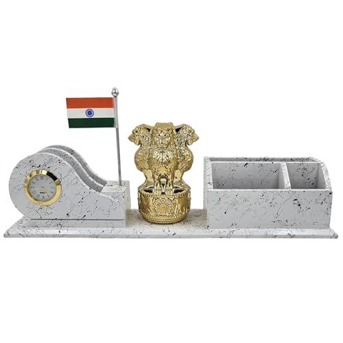 Image of WOOD HOUSE White Marble Look Wooden Pen Stand with Flag - Elegant Desk Organizer for Pens and Office Essentials - Patriotic Flag Accent - Stylish and Functional Home and Office Decor (WH-19)