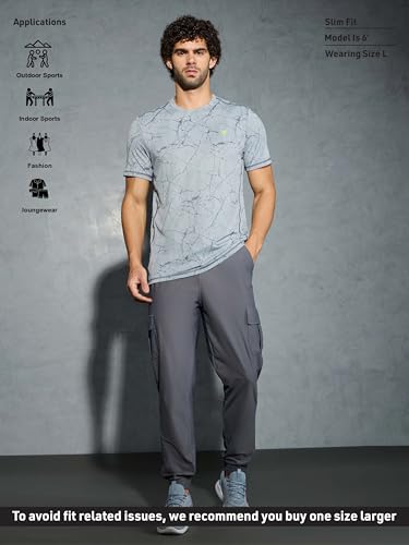 Image of TECHNOSPORT Men's Solid Slim Fit Sports Cargo Joggers DURACOOL+ Quick Dry Breathable Moisture Wicking Stretch Gym Track Pants Running Training Fitness Activewear