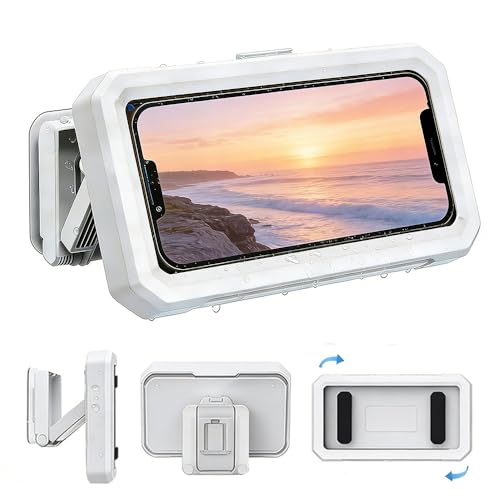 Shower Phone Holder Waterproof - Multi-AngleAdjustable Wall Mounted with Anti-Fall Suction &Adhesive, Compatible with 4-7" Phones for Bathroom,Bathtub, Kitchen, Mirror & Gym