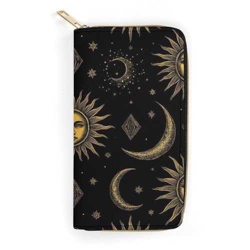 CWECVWE Fashion Decor Wallet, Long PU Zipper Wallet, Travel Purse Fashion Design, Huge Storage Capacity PurseSun Moon Star Gold Black