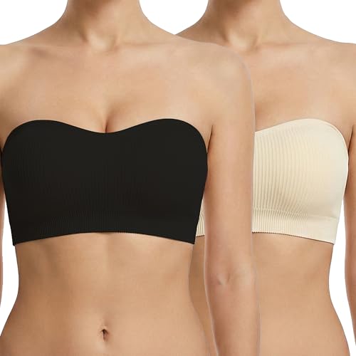 Image of Zimcti Strapless Bras for Women-Non Slip Silicone Grip Bandeau, Wirefree Seamless Tube Top, Removable Pads, Clear Strap