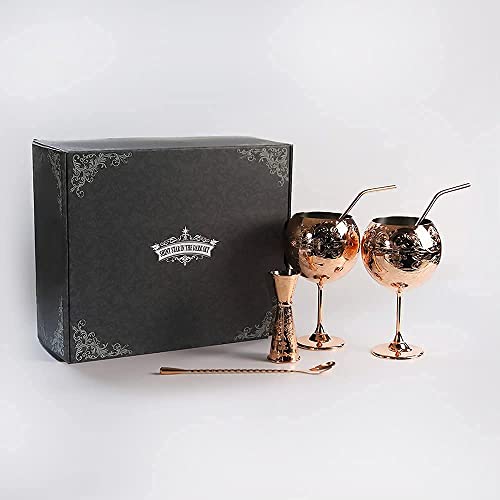 Stainless Steel Etched Red Wine Glasses Set Of 2,24Oz( 680 Ml) Copper Plated Balloon Wine Goblets Set, Gin And Tonic Glasses Set With 1Oz/2Oz Jigger, Mixing Spoon And Straws,Gifts For Wedding #TOP3