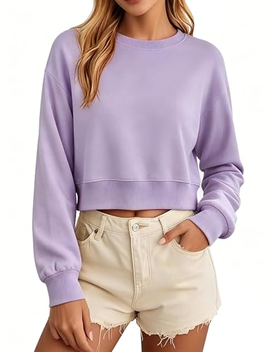 Image of MAPICK Womens Cropped Workout Sweatshirt Oversized Crewneck Long Sleeve Lightweight Cotton Pullover Casual Athleisure Top, Light Purple, Medium