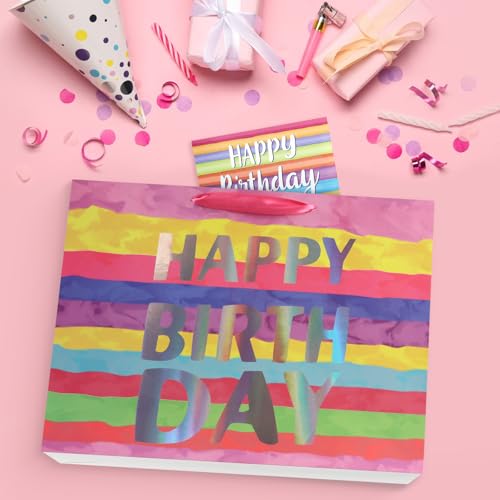 Image of JMANNI Large Happy Birthday Gift Bag with Tissue Papers and Greeting Card,Portable Paper Gift Bags with Handles, Colorful Present Bags for Women Girls Birthday Party Supplies 13 inch x 10.2 inch x 4.7 inch