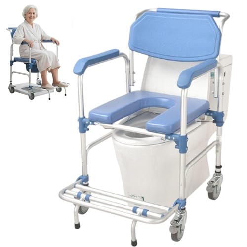 Image of 3-in-1 Commode Wheelchair for Seniors & Patients 150kg Capacity Portable Shower Chair with Rolling Wheels & Removable Bucket, Fits Indian & Western Toilets (90x55x51 cm, Blue)
