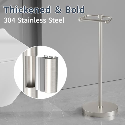 Image of RARXTR Toilet Paper Holder Stand, Post Pivoting Design Free Standing Toilet Paper Holder, SUS304 Stainless Steel Toilet Paper Roll Holder, Heavy Stable Base (Brushed Nickel)
