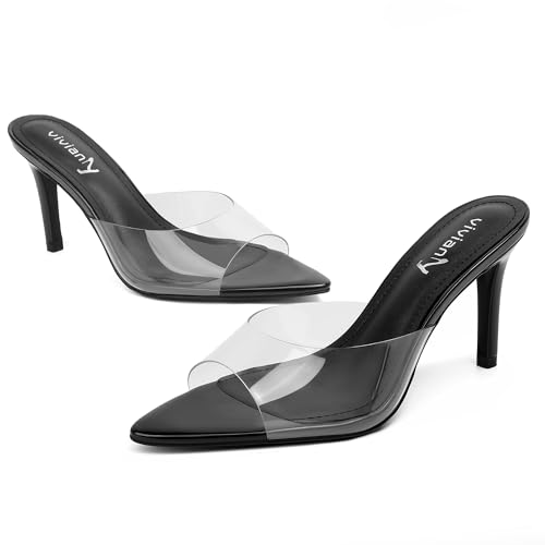 Image of vivianly Clear Pointed Toe Heels Sandals Transparent Strap Stiletto High Heels Slip on Mules for Women