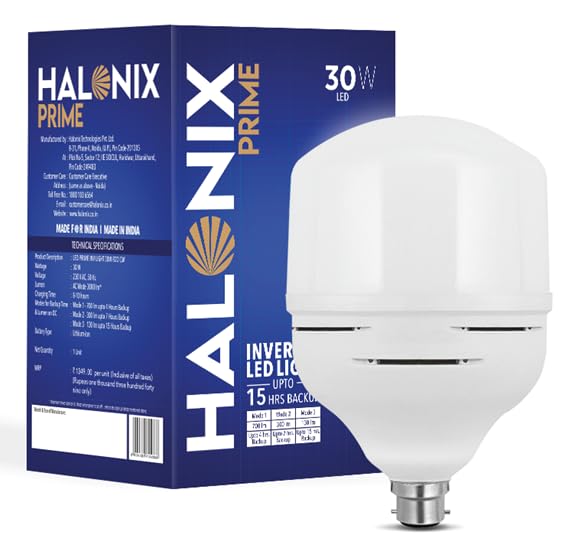 Image of Halonix Polycarbonate 30W B22 LED Emergency Light Bulb | Rechargeable, Dimmable, Up to 15 Hrs Backup | White Light | Pack of 1