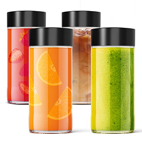 Kitchen Charisma Travel Glass Drinking Bottle - 4 pack x 18 oz530 ml Jar Cups - Leak-proof Reusable Glass Water Bottle for Juicing Kombucha Tea Smoothies Milk – Shatter-Resistant Glass Jars with Lids 4 18 fl oz 530 ml