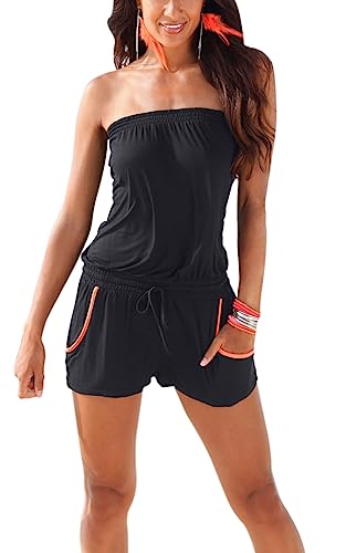 Women's Casual Waist Drawstring Jumpsuit Shorts One Piece Rompers with Pockets M, Black