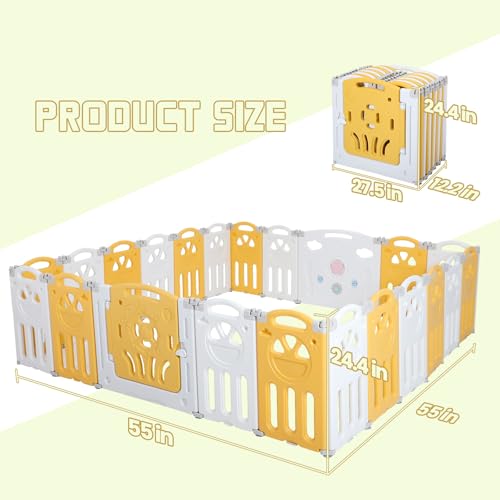 Image of FAHKNS 55x55x24in Babycare Playpen, Foldable Playpen with 14 Panels for Babies and Toddlers, Adjustable Baby Fence, Safety Play Yard with Gates for Indoor and Outdoor Play