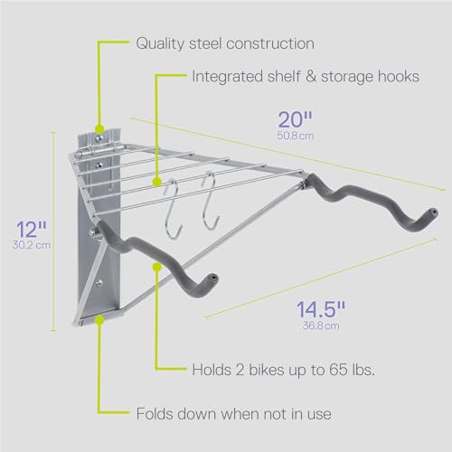 Image of Delta Cycle & Home 2 Bike Rack Garage - Foldable Bicycle Wall Mount Hanger with Storage Shelf Holds Up to 65 lbs - Horizontal Wall Bike Rack for Road, MTB, and Hybrid Bicycles