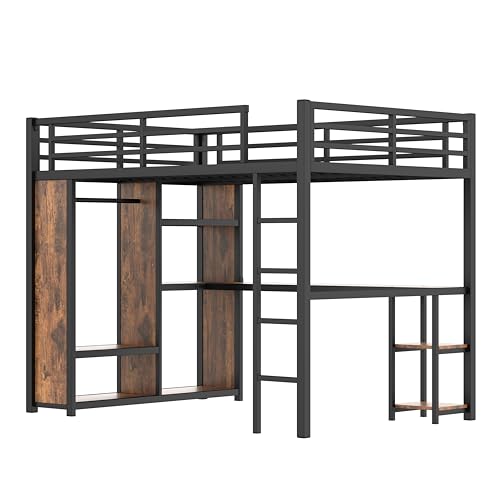 Image of Bellemave Queen Size Loft Bed with Desk and Wardrobe, Metal Queen Loft Bed Frame for Adults, Kids, Teens, Black and Woodgrain