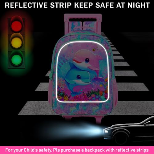 UFNDC 4PCS Girls Rolling Bookbag, Cute Kids Dolphin Wheeled Backpack，Roller School Bag with Wheels for Elementary Preschool Travel4