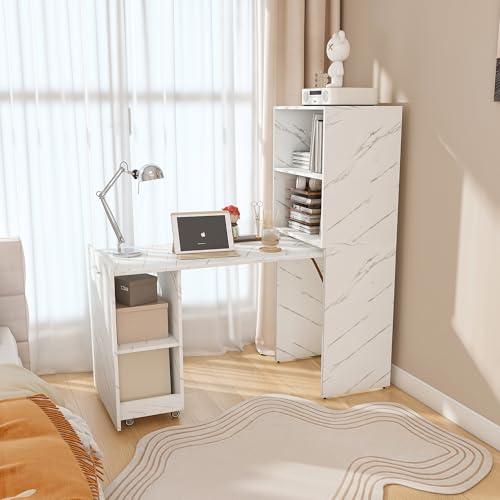 Image of Foldable Office Desk, Fold Out Convertible Hidden Murphy Computer Desk with Storage Shelves, Multi-Function Folding Writing Table for for Small Spaces, Home Office (White Marble)
