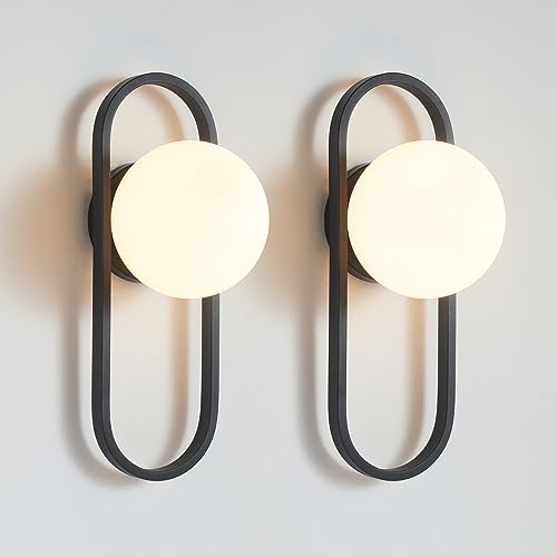 Bektas Wall Sconces, Set of 2, Matte Black, Modern Light Fixture with White Globe Glass Shade, Wall...