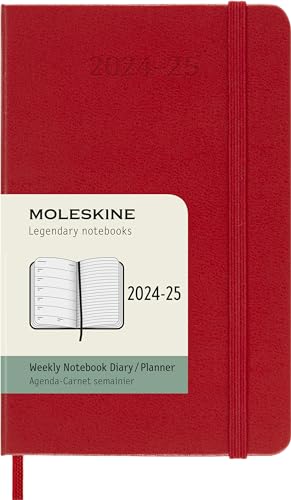 Moleskine Wochenplaner 2024-2025, WochenAgenda 18 Monate 2025 mit Platz für Notizen, mit Hardcover und elastischem Verschluss, Taschenformat 9 x 14 cm, Farbe Rot Scarlet