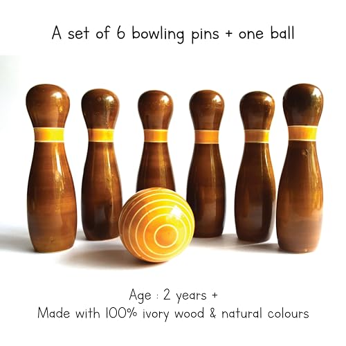 Image of Wooden Bowling Set for Kids (2-5 Years) - 6 Pins, Ball & Shape Cards with Bag | Indoor & Outdoor Bowling Game for Kids | Toddler Toy for 2, 3, 4 & 5 Year Old Boys & Girls (Classic)