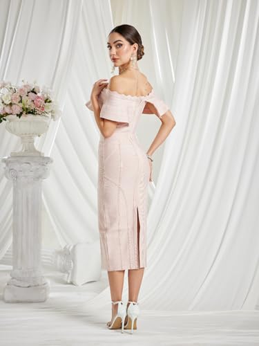 Image of Off Shoulder Bandage Dresses for Women Wedding Guest Party Midi Formal Gowns Evening Dress