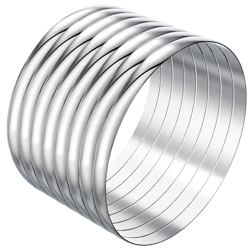 Linkidea Pulseras de talla grande para mujer, juego de 8 pulseras redondas de acero inoxidable extragrandes plateadas, 8.6 pulgadas de largo