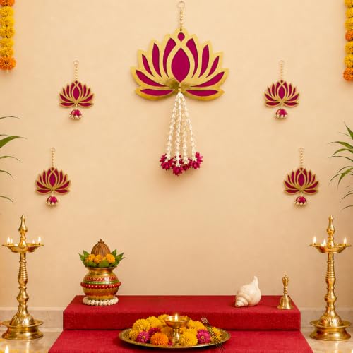 Image of SpecialYou Ganpati Decoration Setup for Home with Lotus Hanging Decorations, Ganesh Decoration Items for Home Decor, Wall Hanging Decor, 1 Big and 4 Small Lotus Hanging- 5 Pcs