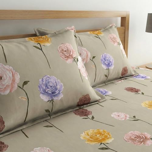 Image of Home Sizzler 210 TC Microfibre Rose Floral Print on Beige Double Fitted Bedsheet (72X78 inch) with 2 King Size Pillow Covers