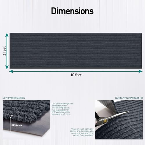 Image of Durable Rubber Door Mat - Heavy Duty, Indoor /Outdoor, Easy Clean, Waterproof, Low-Profile Mat for Entry, Patio, Garage - Stylish (Charcoal, 10' x 3' (Mud Trapper))