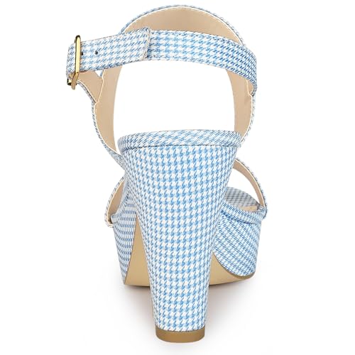 Allegra K Allegra K Women's Houndstooth Plaid Print Platform Buckle Chunky High Heel Blue Dressy Sandals 9 M US