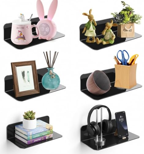 Image of Acrylic Wall Shelf, Black, 22.9 cm Shelf, No Drilling, Self-Adhesive Shelves with Cable Clips for Expanding Wall Space, Storage and Decoration, for Kitchen, Living Room, Pack of 6
