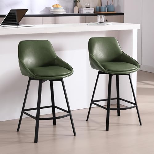 Image of Zesthouse Swivel Bar Stools Set of 4, 26 inch Modern Counter Height Bar Stools with Low Backs, Upholstered Faux Leather Bar Chairs for Kitchen Counter, Green Island Chairs with Metal Legs