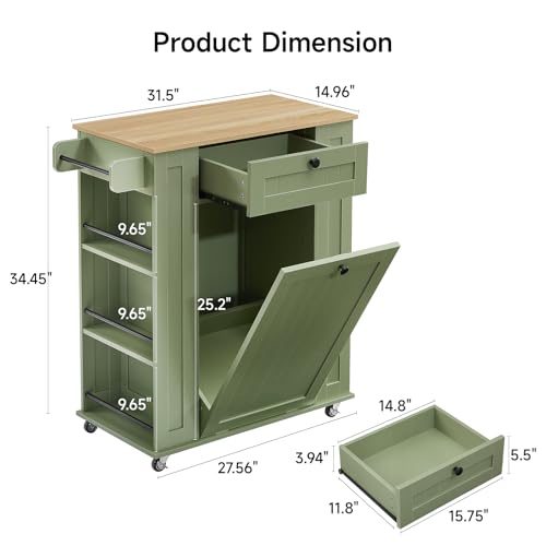 ONBRILL 35\" Kitchen Island with Trash Can Cabinet & Power Outlet, Rolling Kitchen Cart with Storage Drawer, 6-Tier Spice Rack, Portable Sideboard Table for Dining Room, Living Room, Green - Thumbnail 2