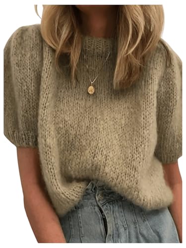 Image of GORGLITTER Women's Puff Sleeve Crewneck Knit Shirt Top Short Sleeve Solid Loose Sweater Khaki Large