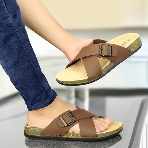 Image of Men Cross Strap Buckle Slippers | Casual Sandals for Men | Comfortable Footwear | Stylish Slip-On Sandals | Anti-Slip Rubber Sole