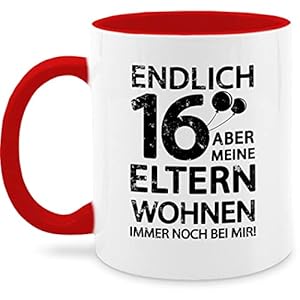 Tasse Tassen 325ml – 16. Geburtstag Tasse – Endlich sechzehn aber meine Eltern wohnen immer noch bei mir! schwarz…