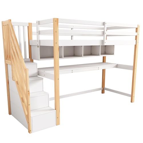 Gegtuon Etagenbett Bett 90x200 mit Tisch für Kinder, Kinderbett mit Stauraum Treppe & Regal, Hochbett Hausbett Bettgestell mit Lattenrost & Rausfallschutz für Kinderzimmer, ohne Matratze, Weiß&Natur