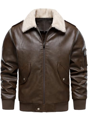 HOOD CREW Men’s Faux Leather Aviator Bomber Jacket with Fur Collar Warm Fleece Lined Biker Jackets Vintage Winter Coats Dark Brown L