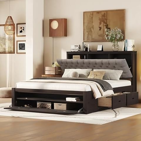 Wood Queen Size Platform Bed with Storage Headboard, Shoe Rack and 4 Drawers,for Kids Teens Adults Bedroom Use (Espresso@Rack, Queen) Cover
